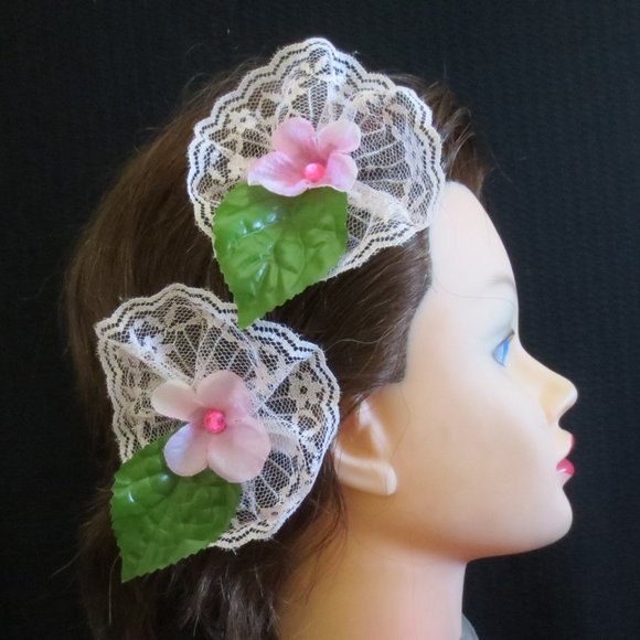 Hand Crafted Barrettes Pink Pansy Floral Lace Rhinestones for Women or Girls - Picture 2 of 10